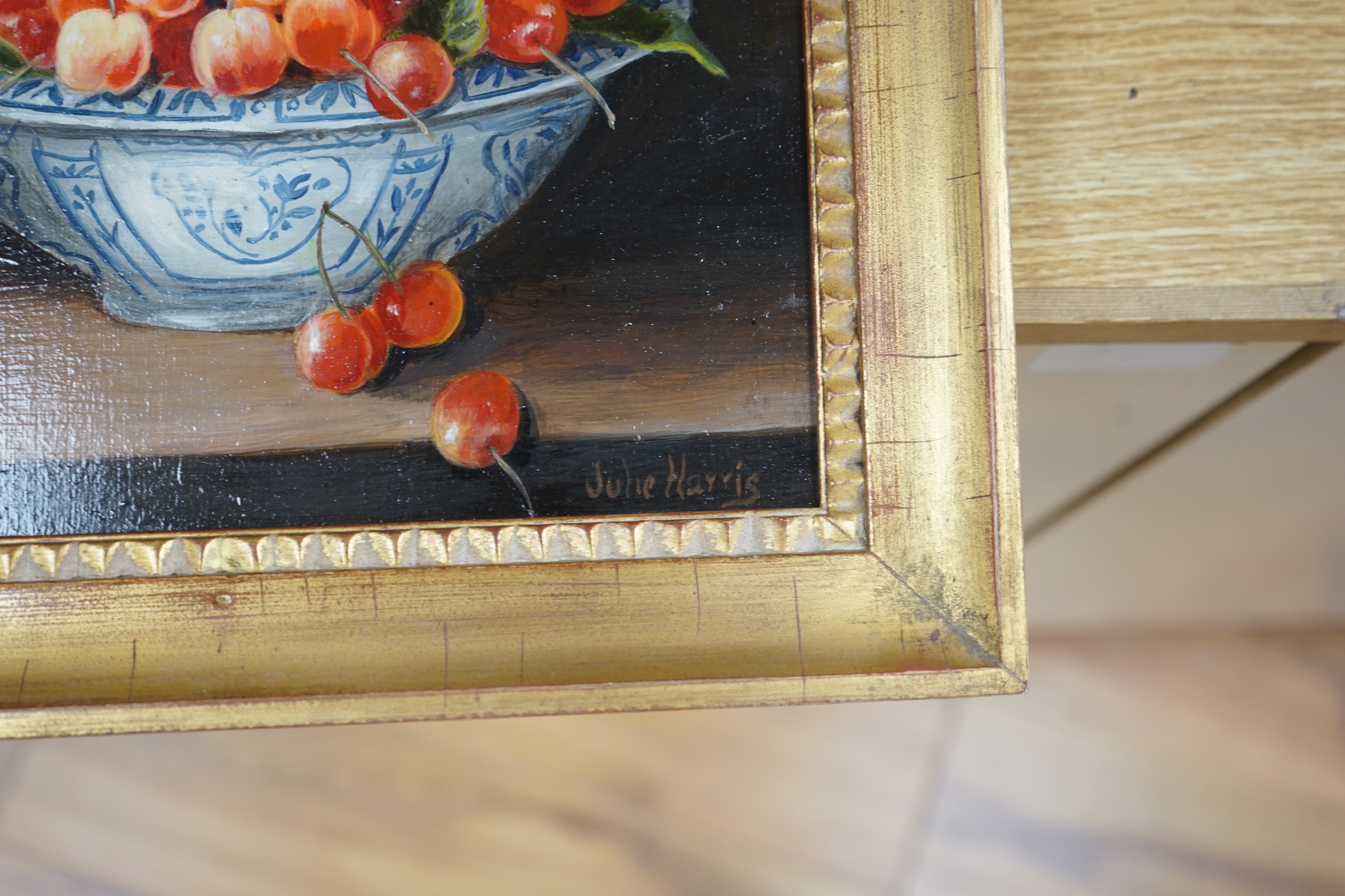 Julie Harris (b.1953), oil on panel, Still life of cherries in a delft bowl, signed, 20 x 25cm